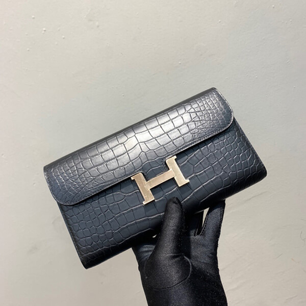 【新品】HERMES コンスタンス ロングウォレット マットクロコ ブラック エルメス コンスタンスロング ブラック コピー クロコダイル