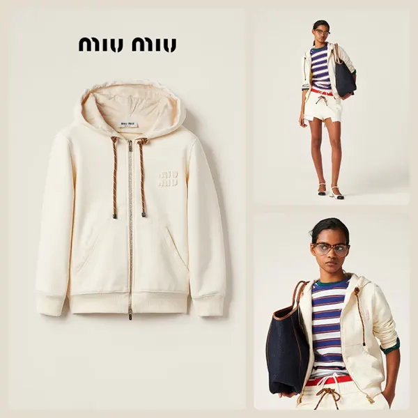 極美品 ミュウミュウ アイボリー フード付パーカー MJL024 miu miu ミュウミュウ Fleece Zip-Up Jacket フード付きジップアップ