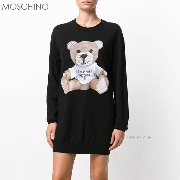 モスキーノ コピーMOSCHINO2018 ウール テディベア柄 ニットワンピース